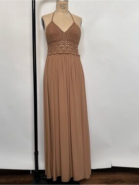 Boho Crochet Halter Maxi Dress in Taupe